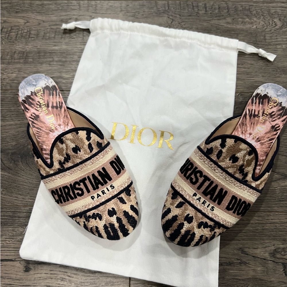 Christian Dior Dway Embroidered Cotton Canvas And Leather Slippers